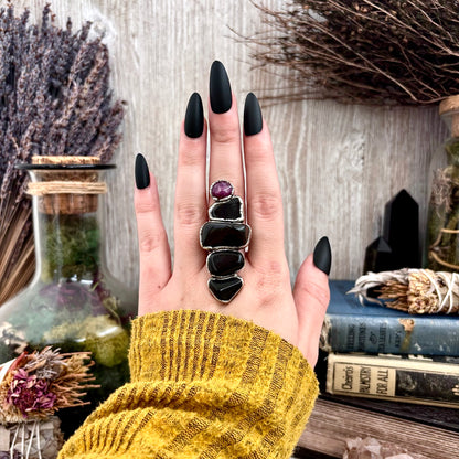 Multi Stone Black Obsidian Star Ruby Ring In Silver Size 8 / Foxlark Collection