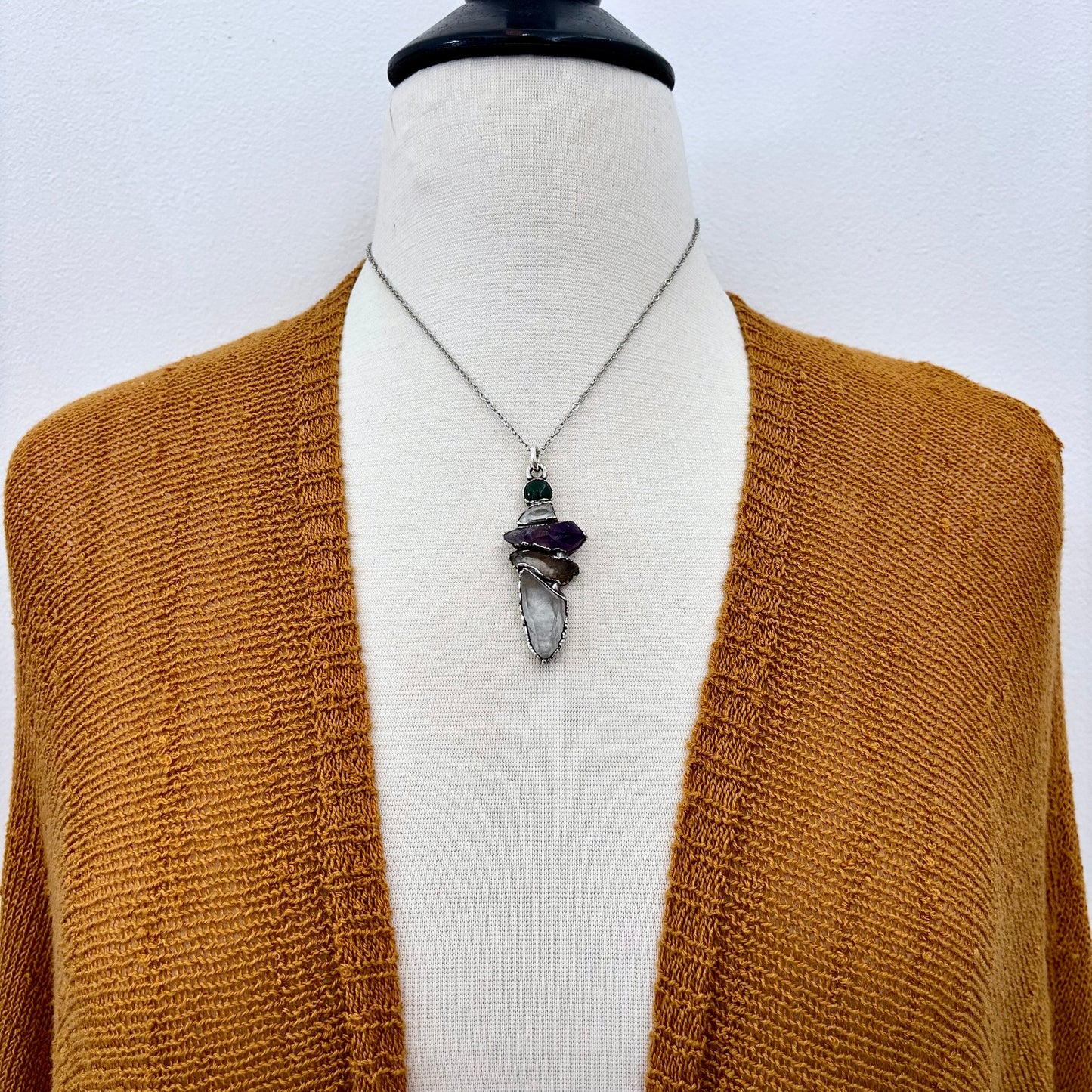 Multi Stone Moss Agate Raw Clear Quartz Raw Smoky Quartz Raw Amethyst Necklace Silver / Foxlark Collection