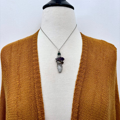 Multi Stone Moss Agate Raw Clear Quartz Raw Smoky Quartz Raw Amethyst Necklace Silver / Foxlark Collection