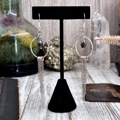 Hematite Hoop Fringe Earrings / Long Dangle Witchy Earrings