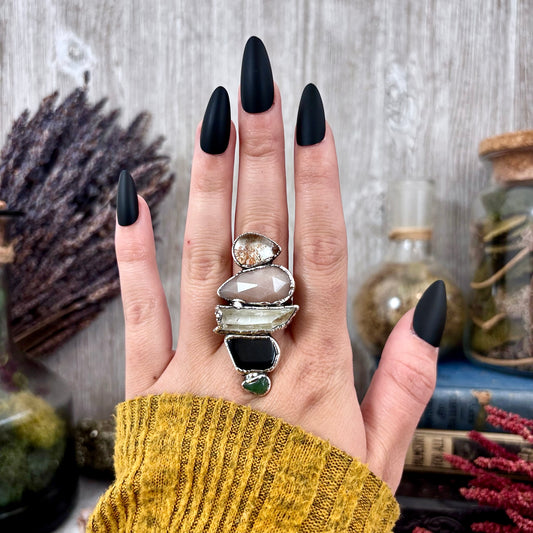 Multi Stone Aventurine Obsidian Clear Quartz Peach Moonstone Garden Quartz Ring In Silver Size 8 / Foxlark Collection