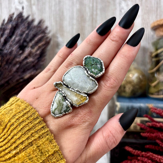 Multi Stone Moss Agate Citrine Rainbow Moonstone Ring In Silver Size 10 / Foxlark Collection