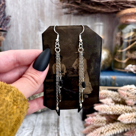 Smoky Quartz Black Onyx Beaded Fringe Earrings / Long Dangle Witchy Earrings