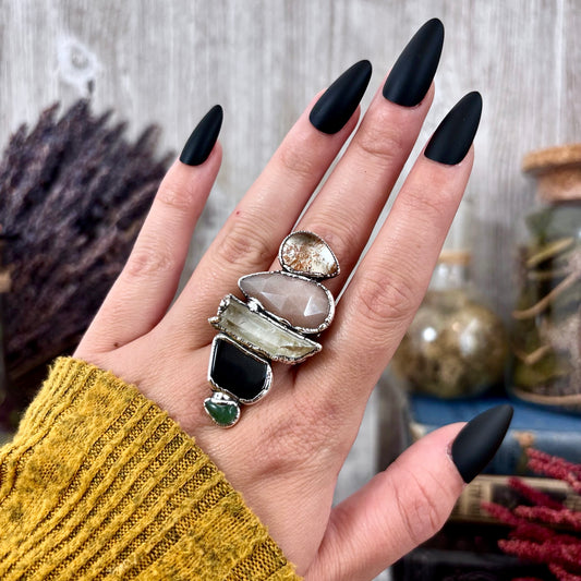 Multi Stone Aventurine Obsidian Clear Quartz Peach Moonstone Garden Quartz Ring In Silver Size 8 / Foxlark Collection