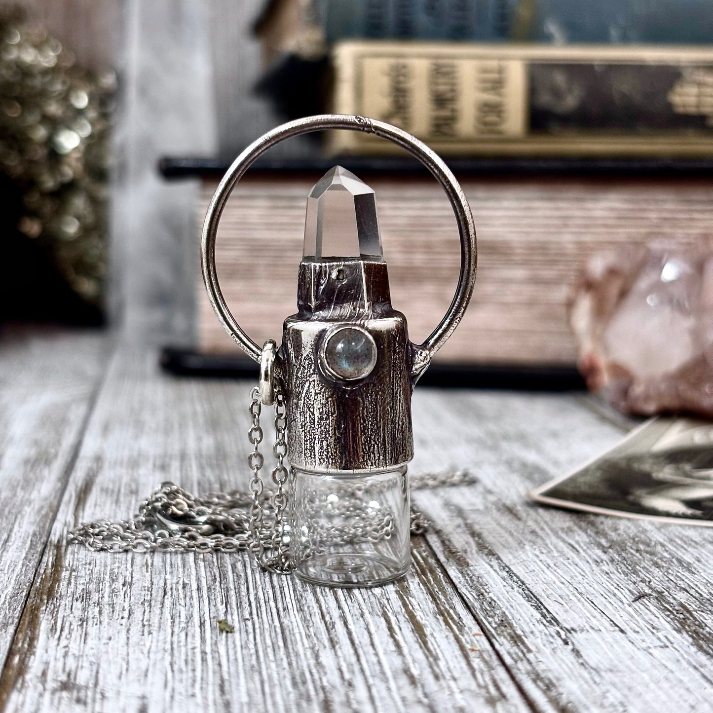 Clear Quartz and Labradorite Crystal Necklace / Silver Rollerball Necklace