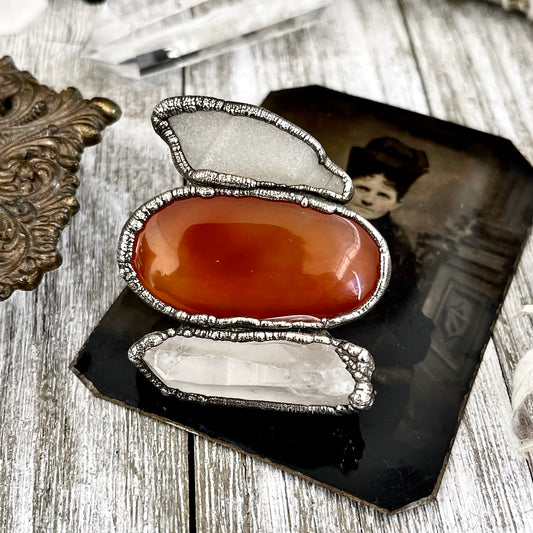 Size 9 Crystal Ring - Three Stone Ring Sea Glass Carnelian Clear Quartz Ring in Silver / Foxlark Collection - One of a Kind