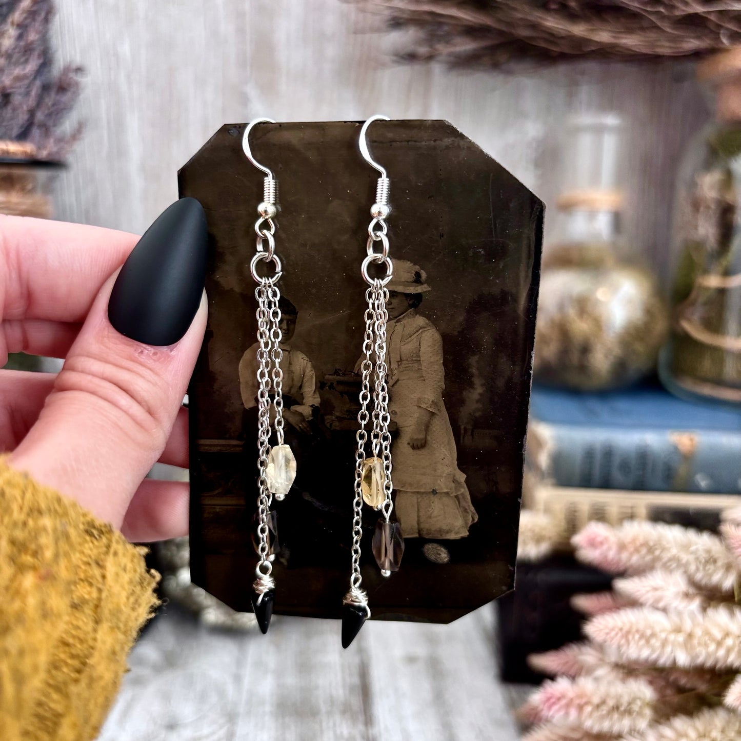Citrine Smoky Quartz Black Onyx Beaded Fringe Earrings / Long Dangle Witchy Earrings