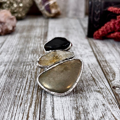 Multi Stone Black Obsidian Citrine Pyrite Ring In Silver Size 8/ Foxlark Collection