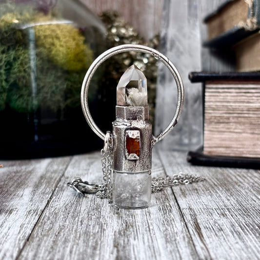 Garden Quartz and Orange Kyanite Crystal Necklace / Silver Rollerball Necklace