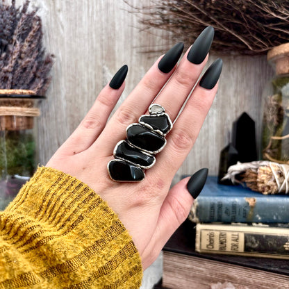 Multi Stone Black Obsidian Clear Quartz Ring In Silver Size 8.5 / Foxlark Collection