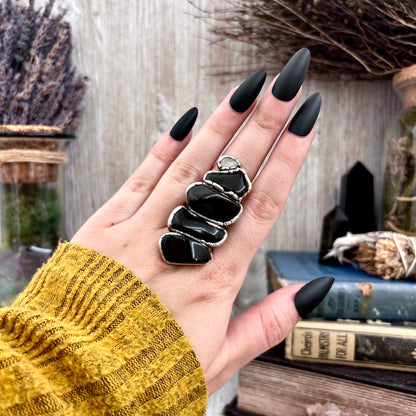 Multi Stone Black Obsidian Clear Quartz Ring In Silver Size 8.5 / Foxlark Collection
