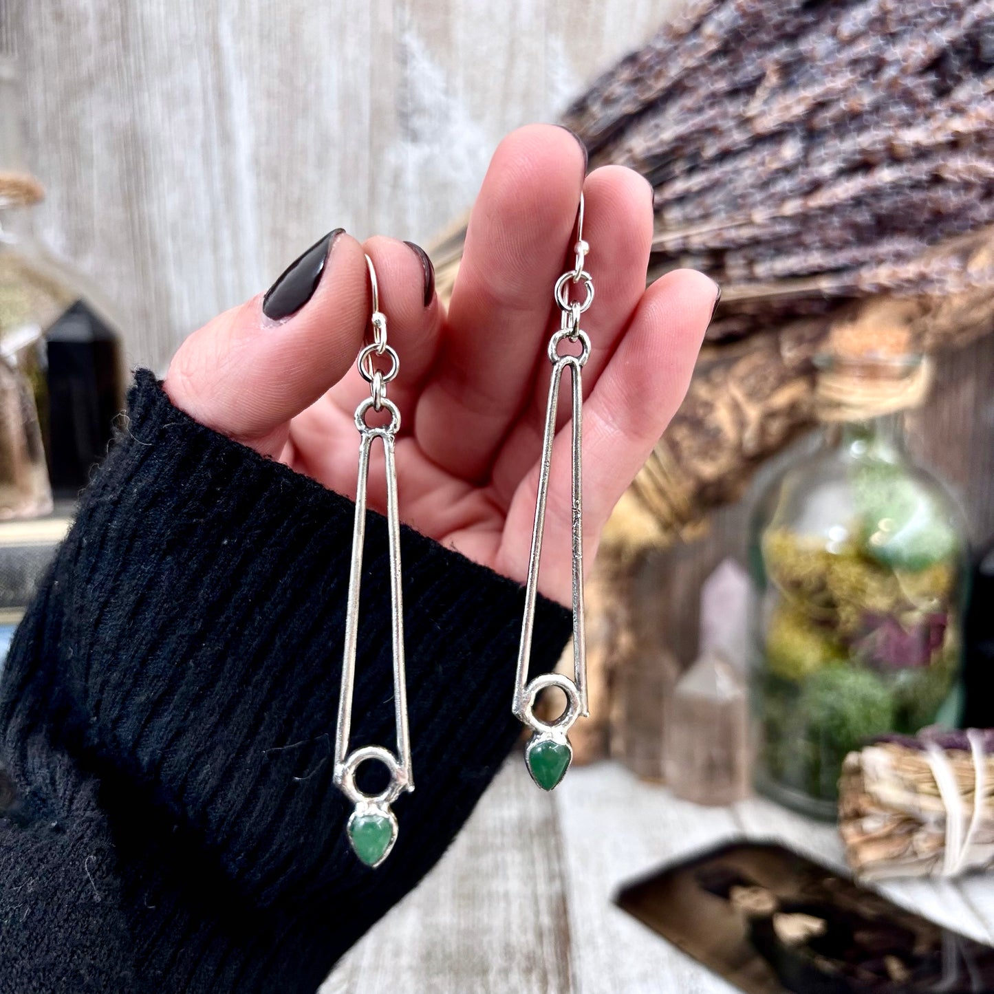 Aventurine Fine Silver Crystal Earrings / Long Dangle Witchy Earrings