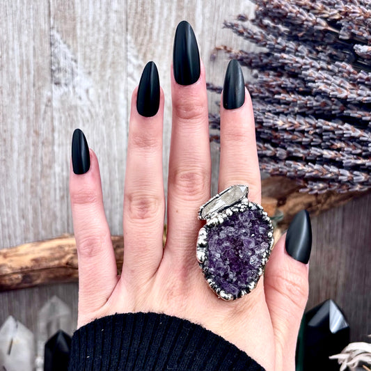 Raw Purple Amethyst and Clear Quartz Crystal Geode Ring in Fine Silver Size 9 / Foxlark Collection