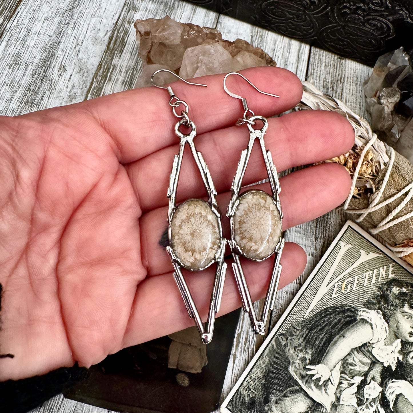 Fossilized Coral Fine Silver Crystal Earrings / Long Dangle Witchy Earrings