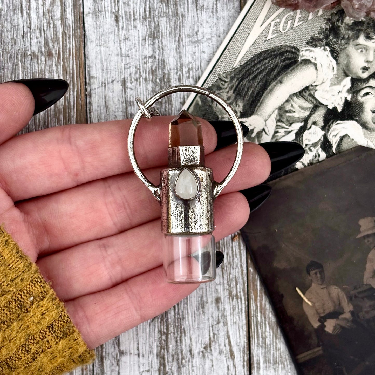 Smoky Quartz and Clear Quartz Crystal Necklace / Silver Rollerball Necklace