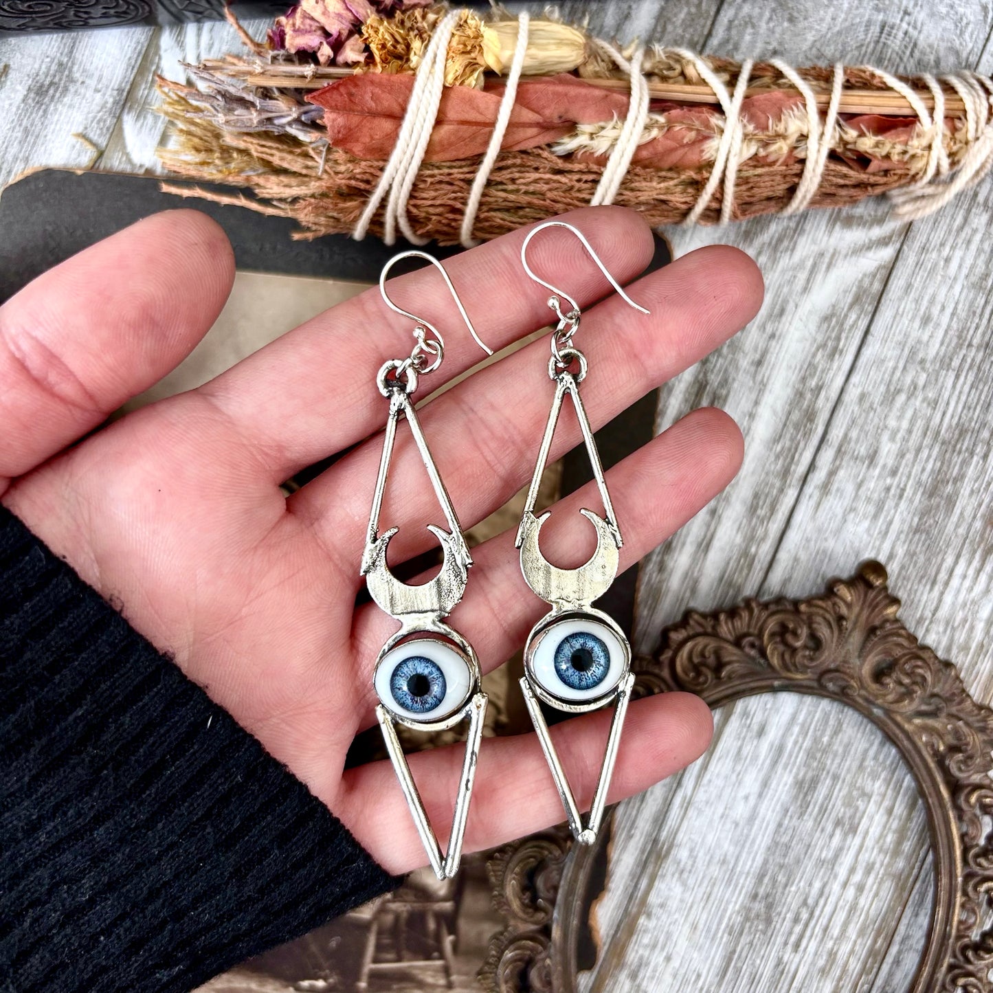 Blue Iris Eyeball Fine Silver Earrings / Long Dangle Witchy Earrings