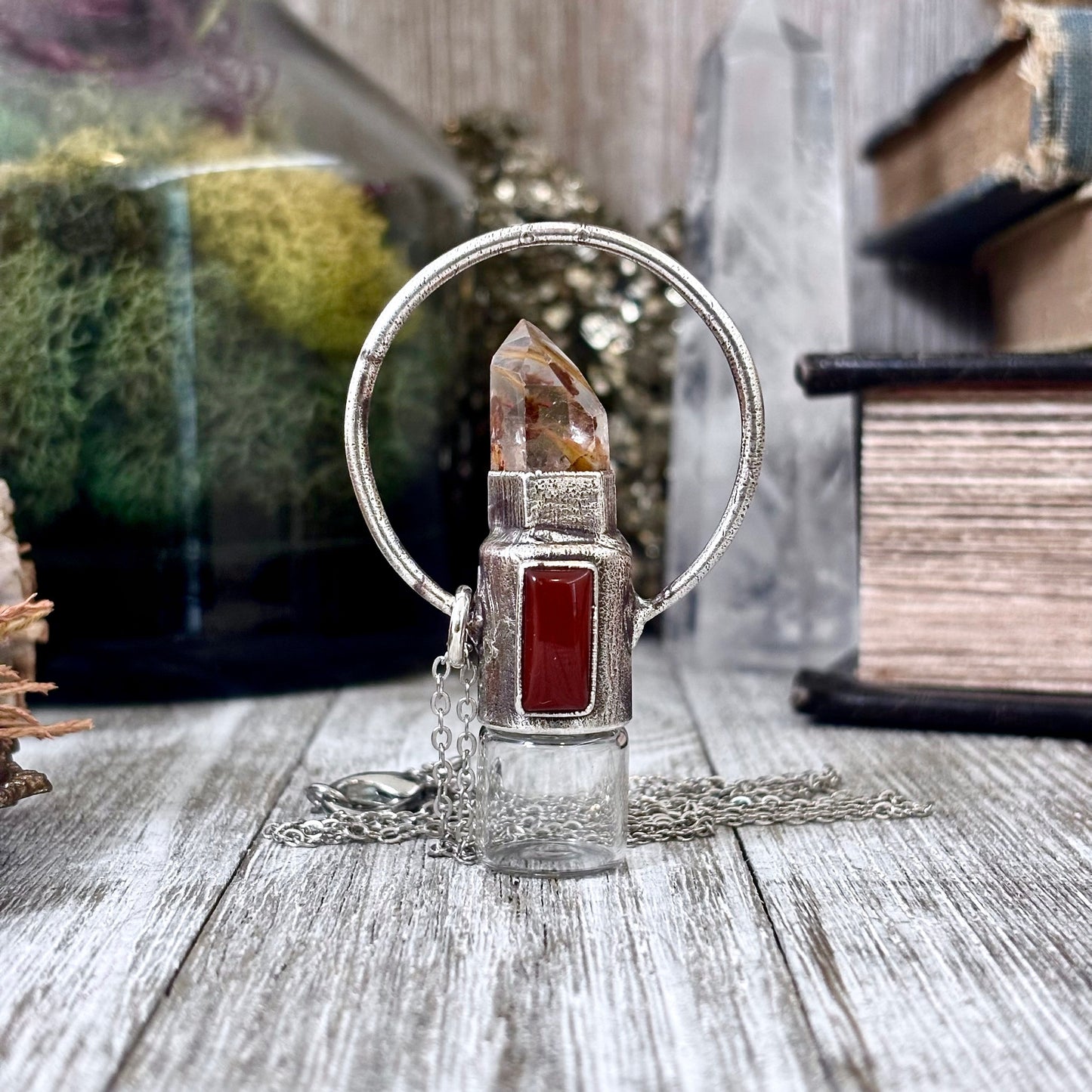 Garden Quartz and Carnelian Crystal Necklace / Silver Rollerball Necklace