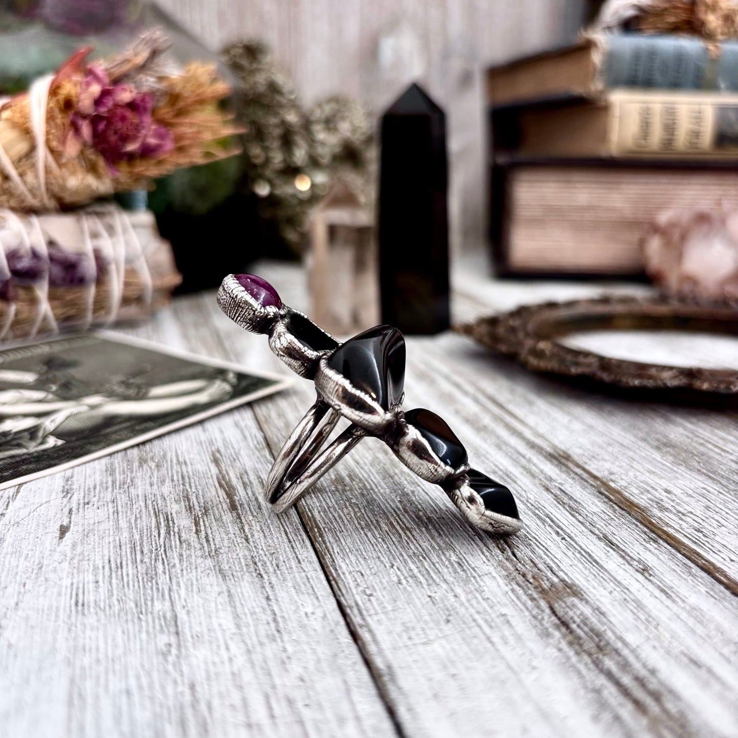 Multi Stone Black Obsidian Star Ruby Ring In Silver Size 8 / Foxlark Collection