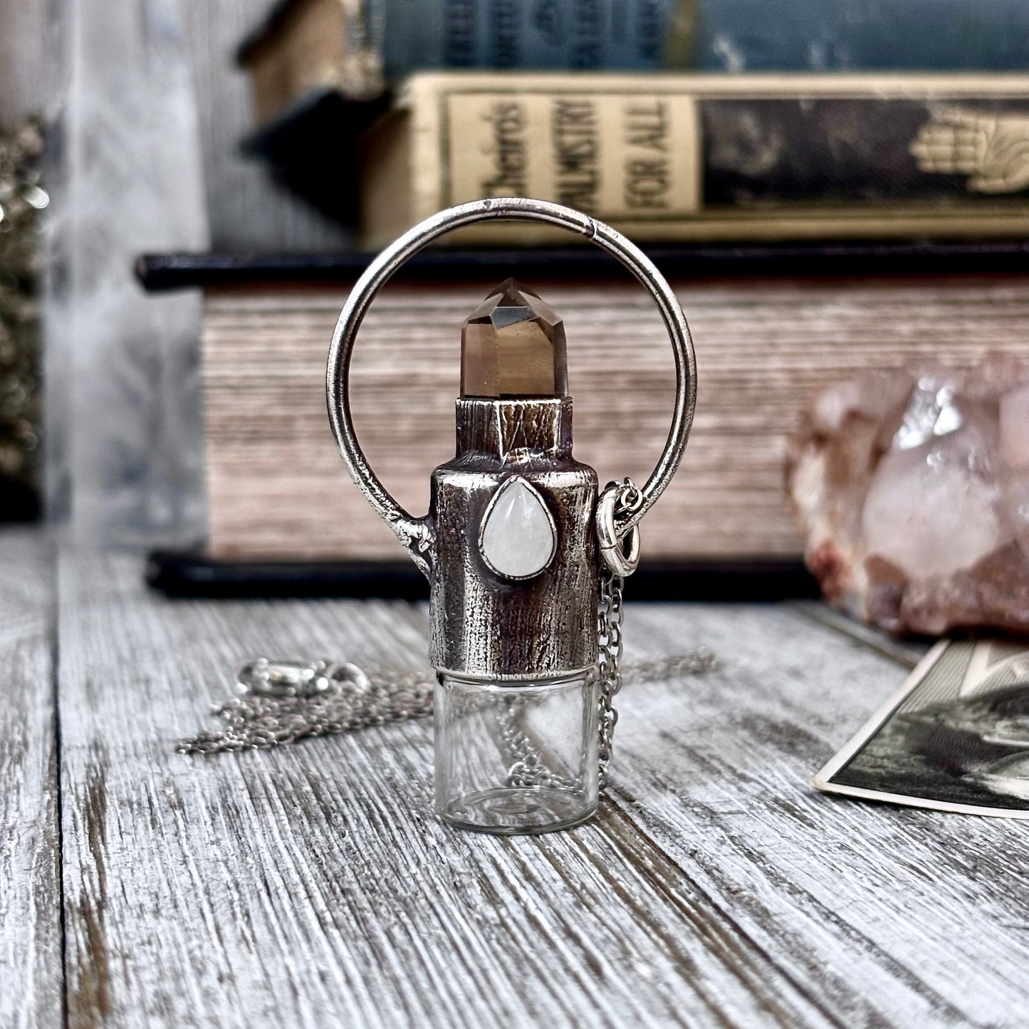 Smoky Quartz and Clear Quartz Crystal Necklace / Silver Rollerball Necklace