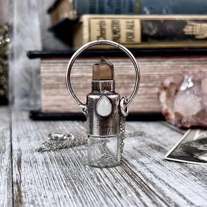 Smoky Quartz and Clear Quartz Crystal Necklace / Silver Rollerball Necklace