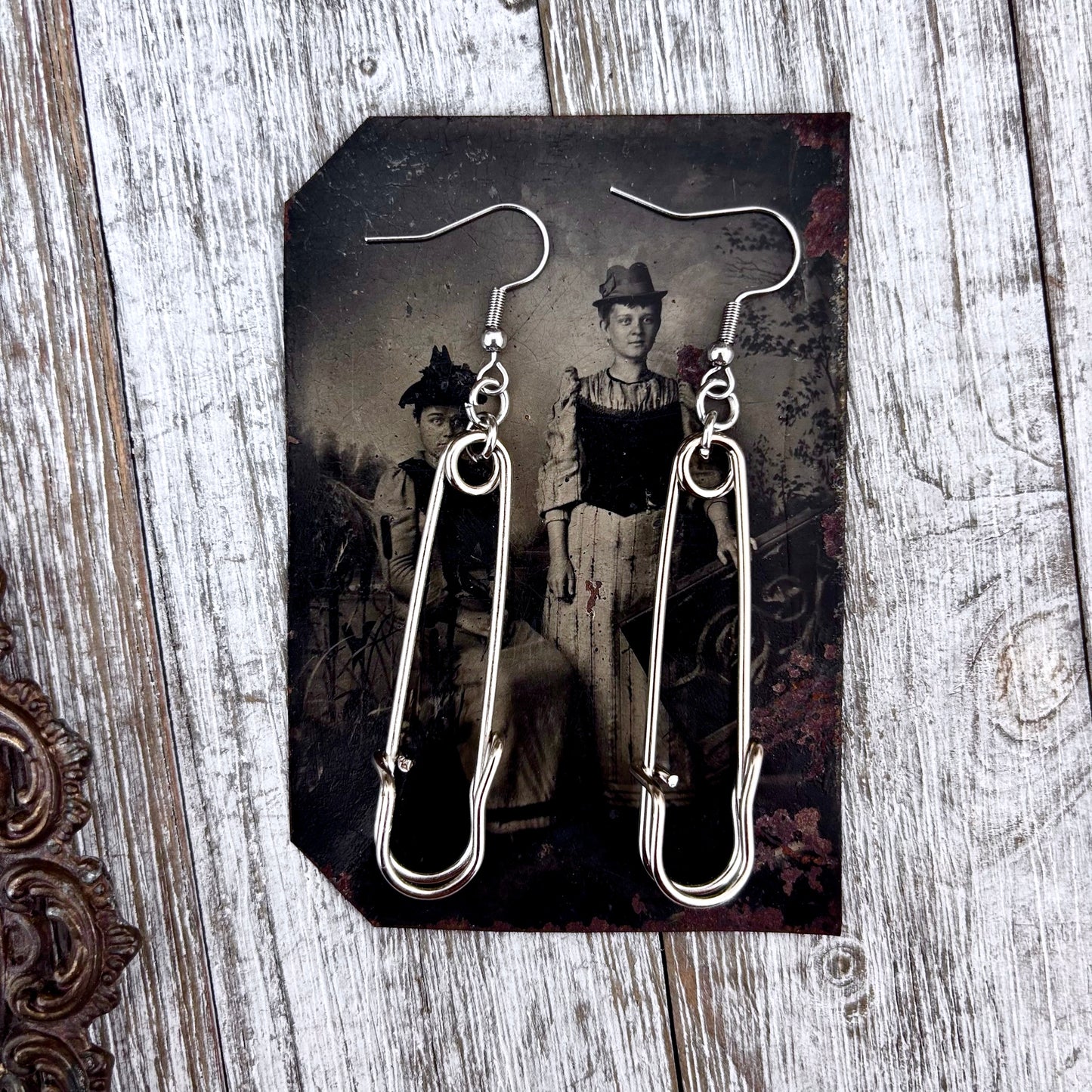 Stainless Steel Safety Pin Earrings / Long Dangle Punk Earrings