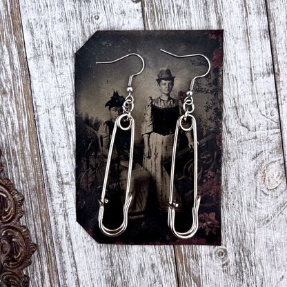 Stainless Steel Safety Pin Earrings / Long Dangle Punk Earrings