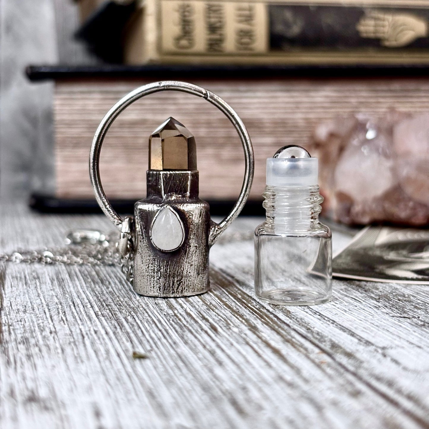Smoky Quartz and Clear Quartz Crystal Necklace / Silver Rollerball Necklace