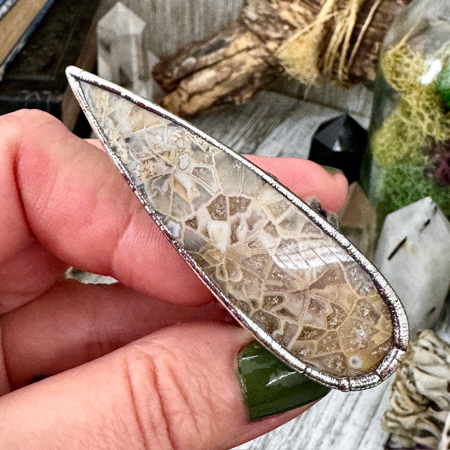 Big Fossilized Coral Crystal Ring Fine Silver Size 8.5 / Foxlark Collection - One of a Kind