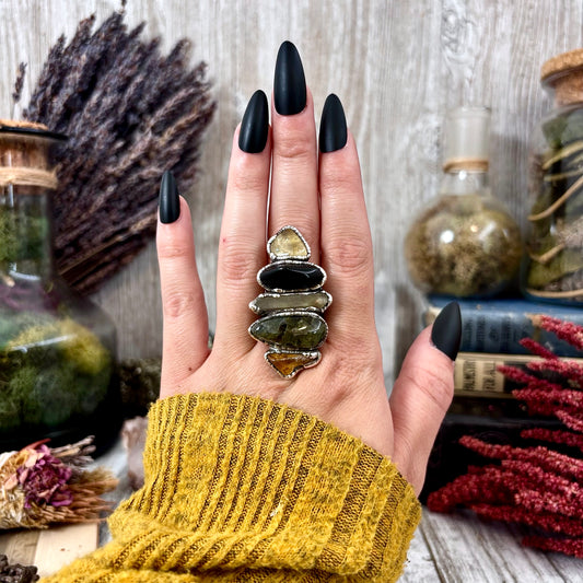 Multi Stone Citrine Obsidian Prehnite Smoky Quartz Ring In Silver Size 8.5 / Foxlark Collection