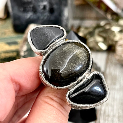 Size 10 Crystal Ring - Three Stone Ring Black Onyx & Silver Sheen Obsidian Silver Ring / Foxlark Collection - One of a Kind