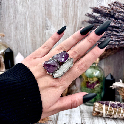 Three Stone Raw Amethyst Clear Quartz Ring In Silver Size 9.5 / Foxlark Collection
