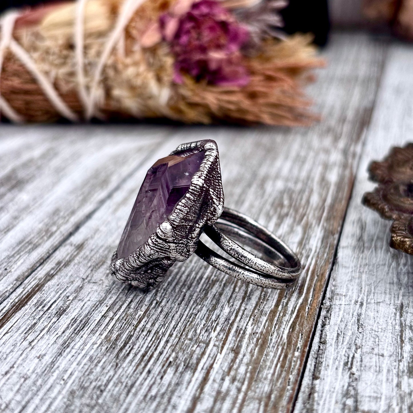 Raw Amethyst Crystal  Ring Set in Fine Silver Size 7 / Foxlark Collection - One of a Kind