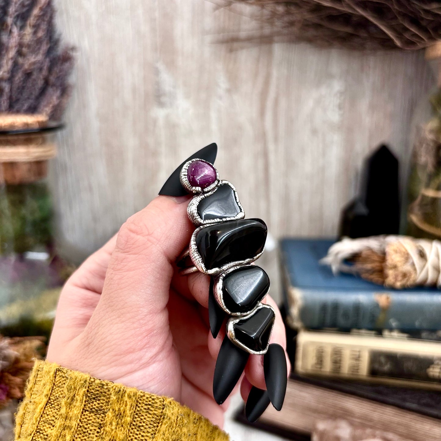 Multi Stone Black Obsidian Star Ruby Ring In Silver Size 8 / Foxlark Collection