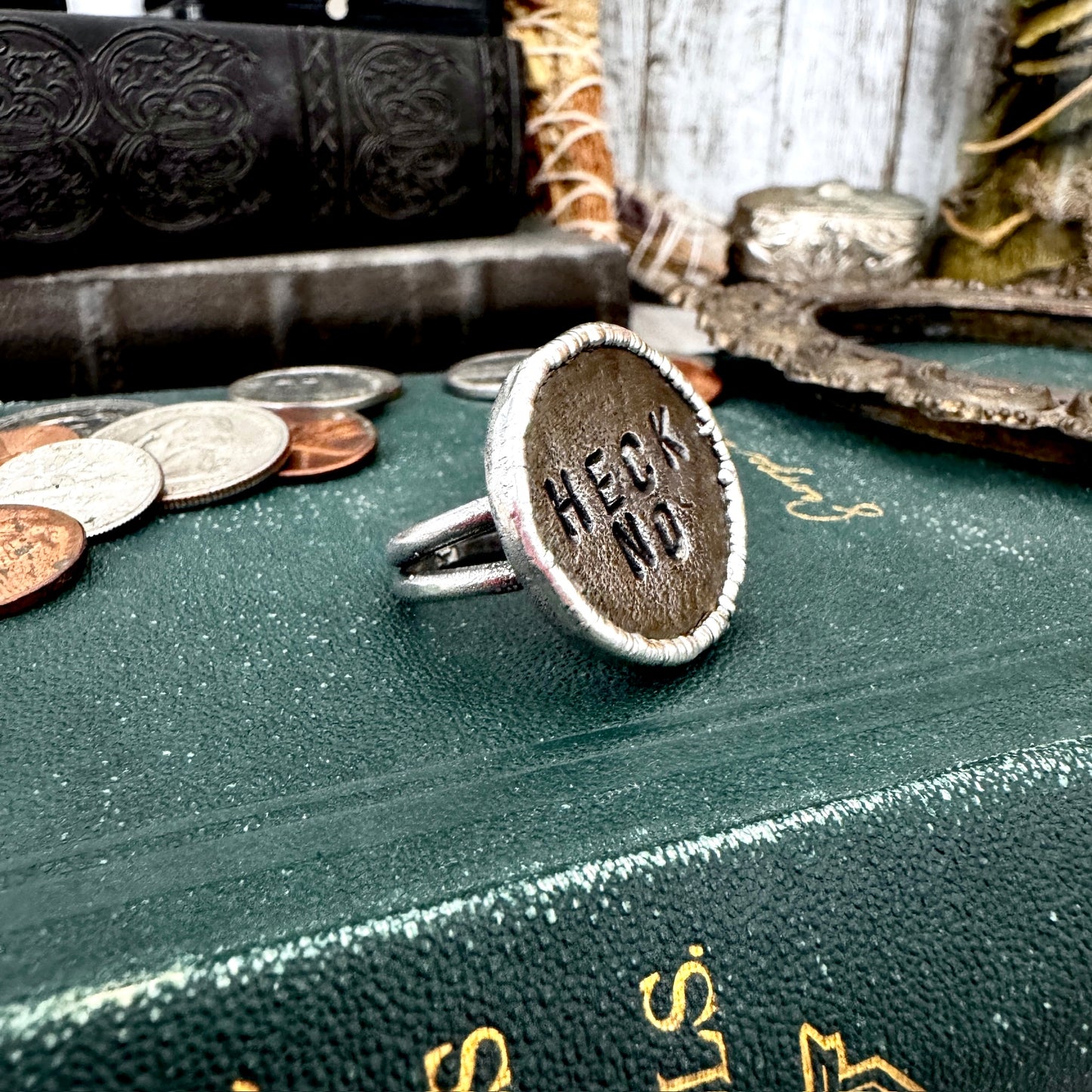 Lucky Penny Club -Blacksmith-forged Heck No Coin Ring Fine Silver Size 9 / One of a Kind