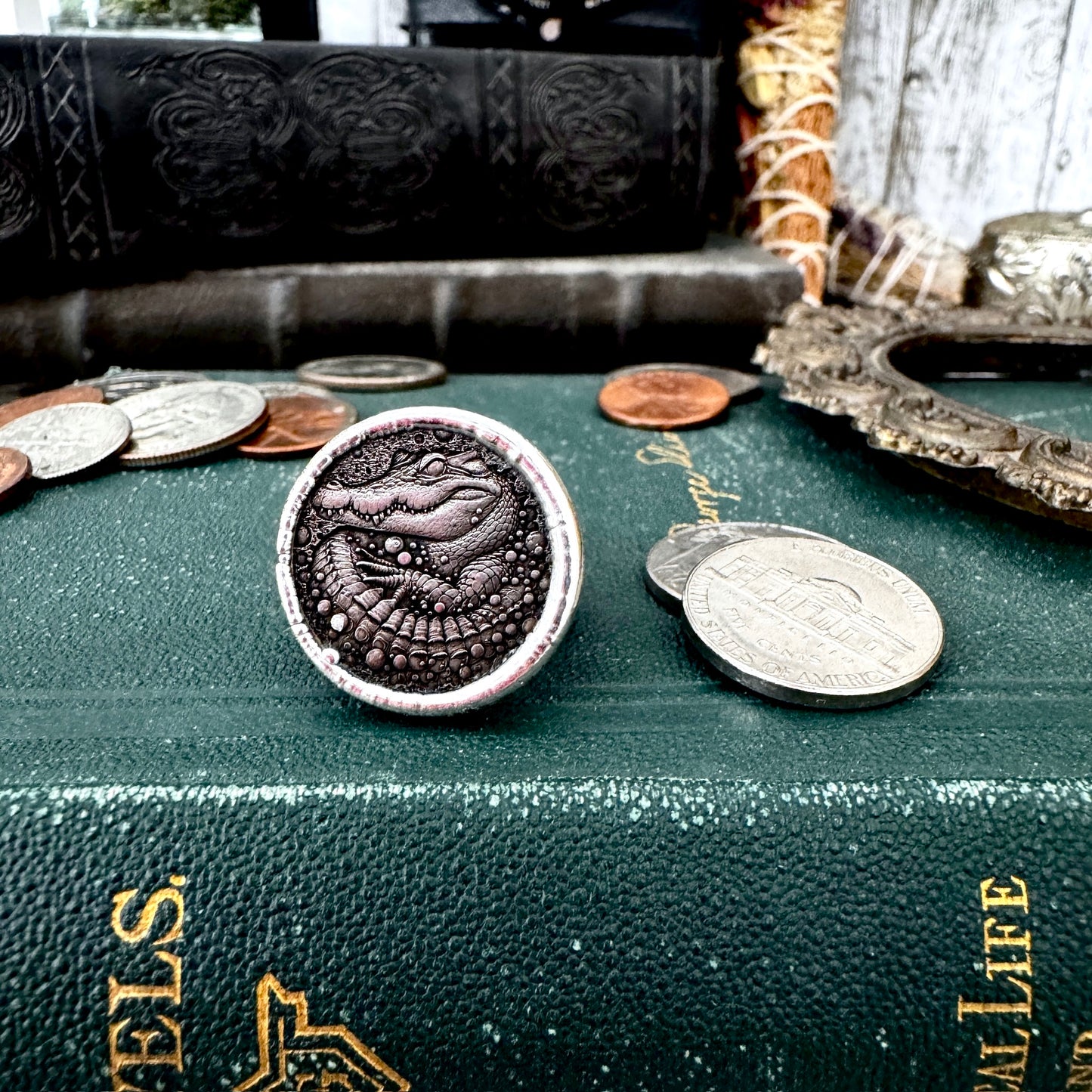 Lucky Penny Club - HOBO Nickel Alligator Coin Ring Fine Silver Size 7.5 / One of a Kind