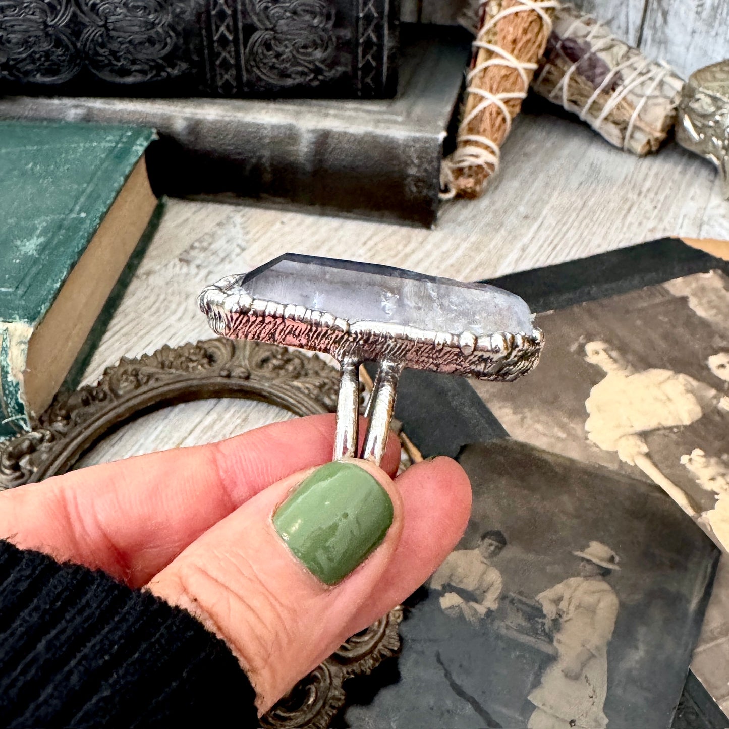 The Colossal Collection - Aqua Aura Quartz Crystal Ring Set in Fine Silver Size 10 / One of a Kind