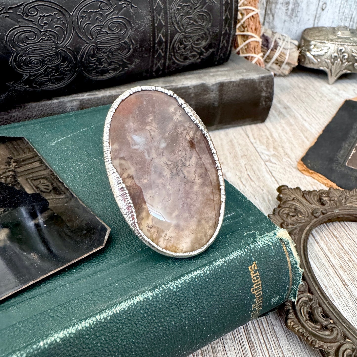 The Colossal Collection - Fancy Moss Agate Crystal Ring Set in Fine Silver Size 8.5 / One of a Kind