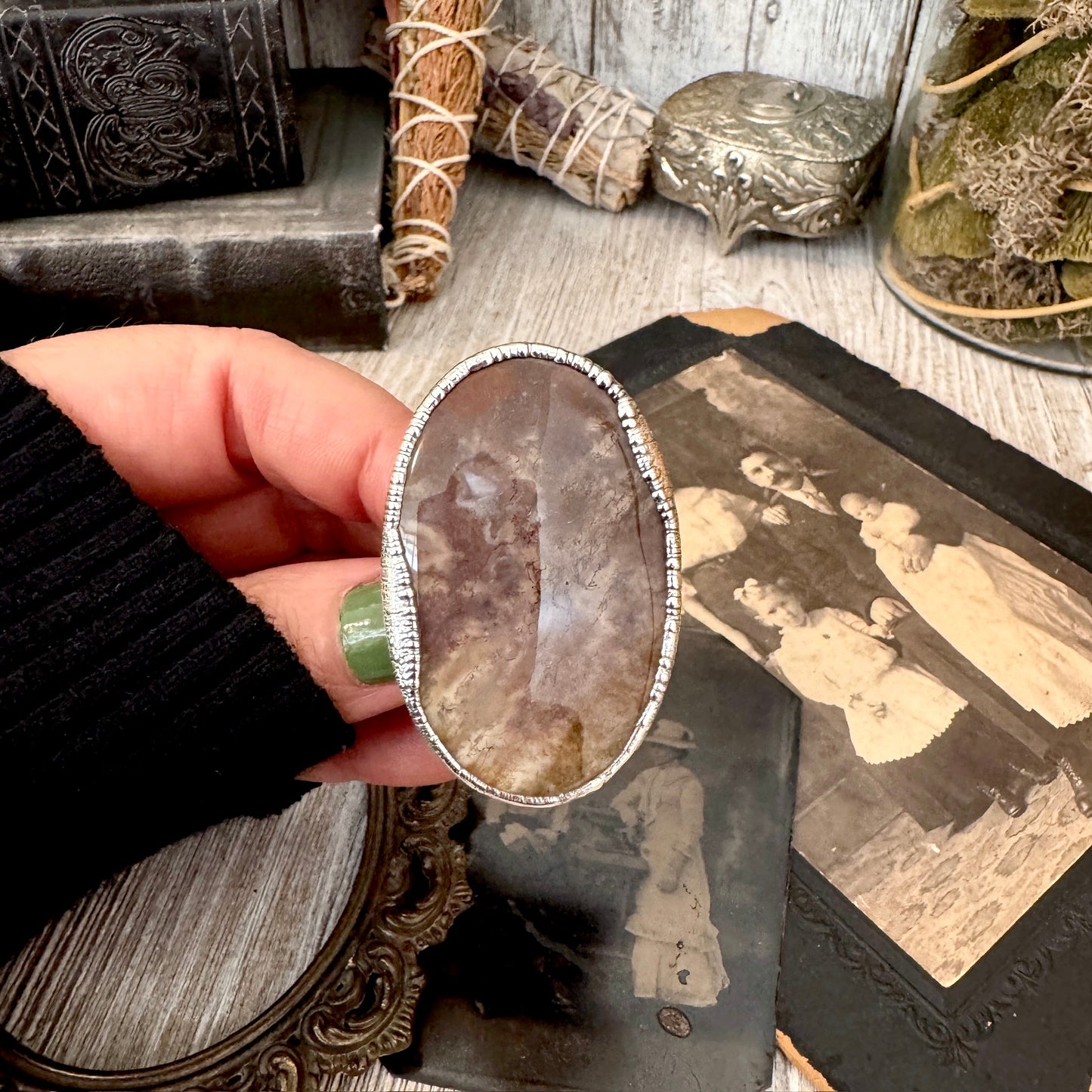 The Colossal Collection - Fancy Moss Agate Crystal Ring Set in Fine Silver Size 8.5 / One of a Kind