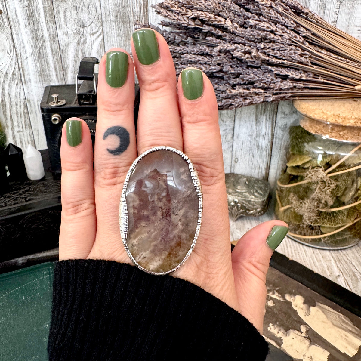 FOXLARK Moss Agate crystal ring set in fine silver, size 8.5, featuring intricate design and one-of-a-kind craftsmanship.