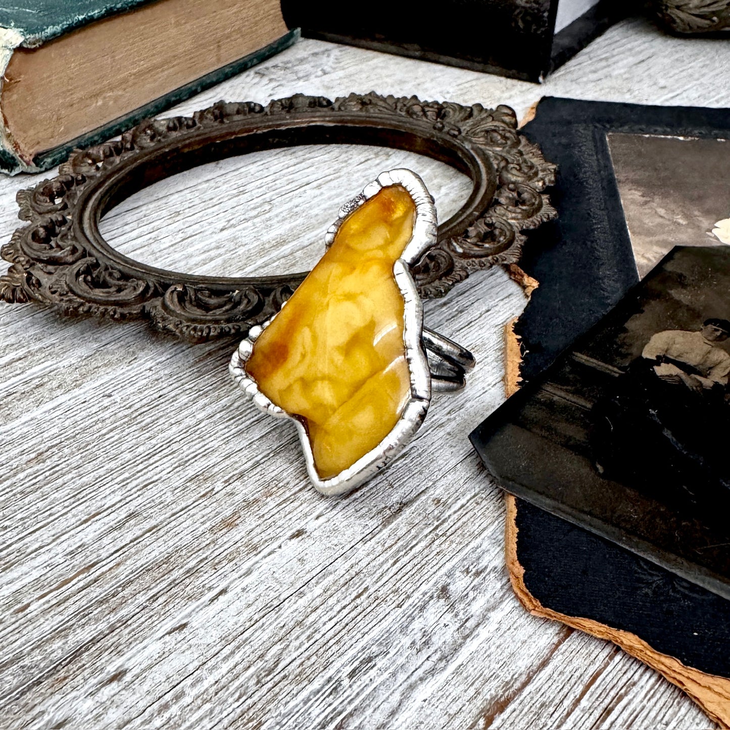 The Colossal Collection - Raw Baltic Amber Crystal Ring Fine Silver Size 10 / Foxlark Collection - One of a Kind