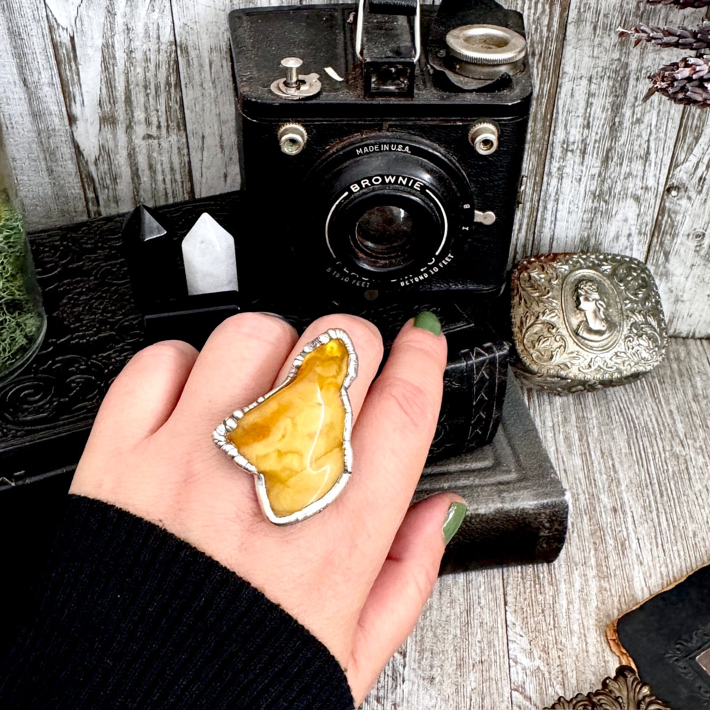 The Colossal Collection - Raw Baltic Amber Crystal Ring Fine Silver Size 10 / Foxlark Collection - One of a Kind