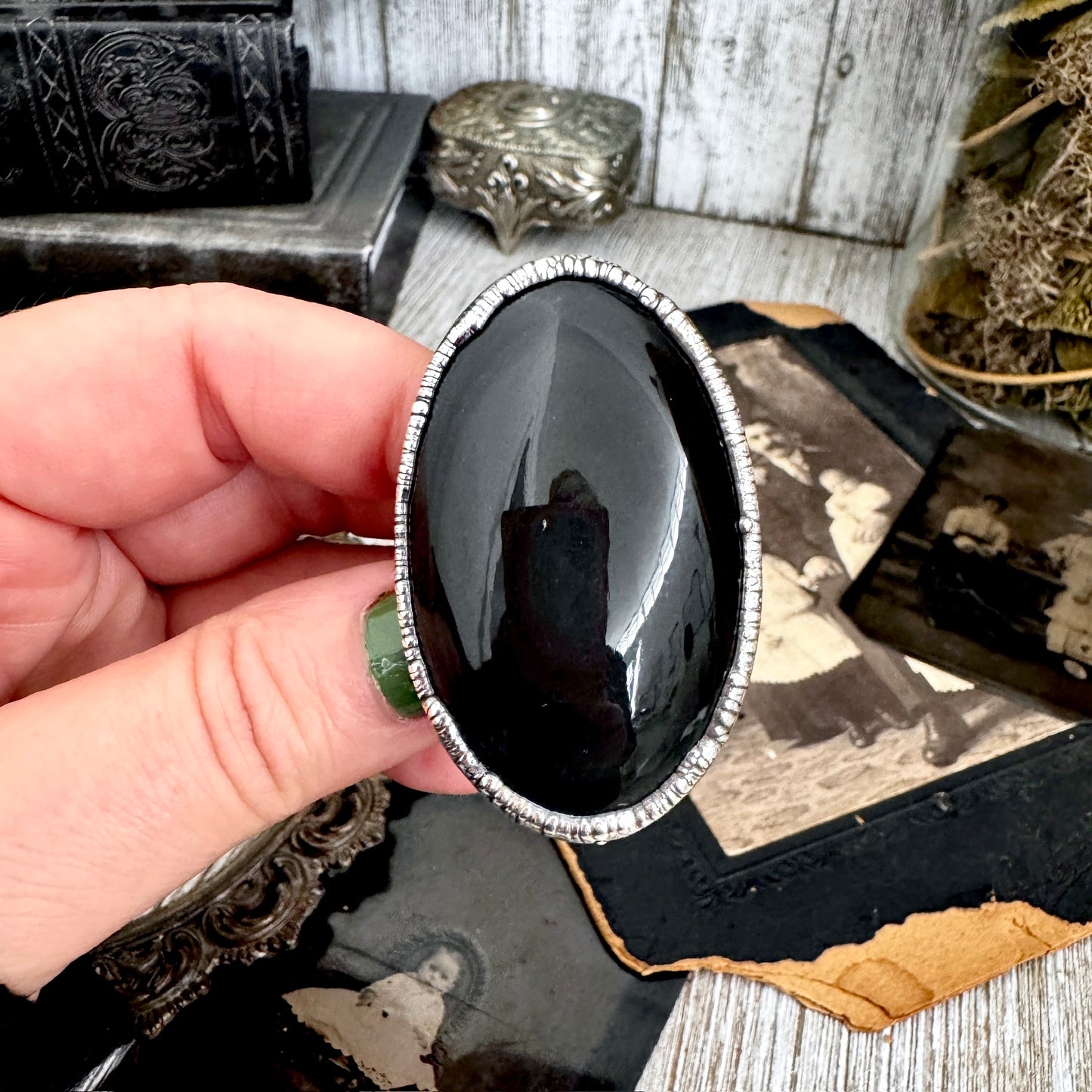 The Colossal Collection - Black/Rainbow Obsidian Crystal Ring Fine Silver Size 10 / One of a Kind