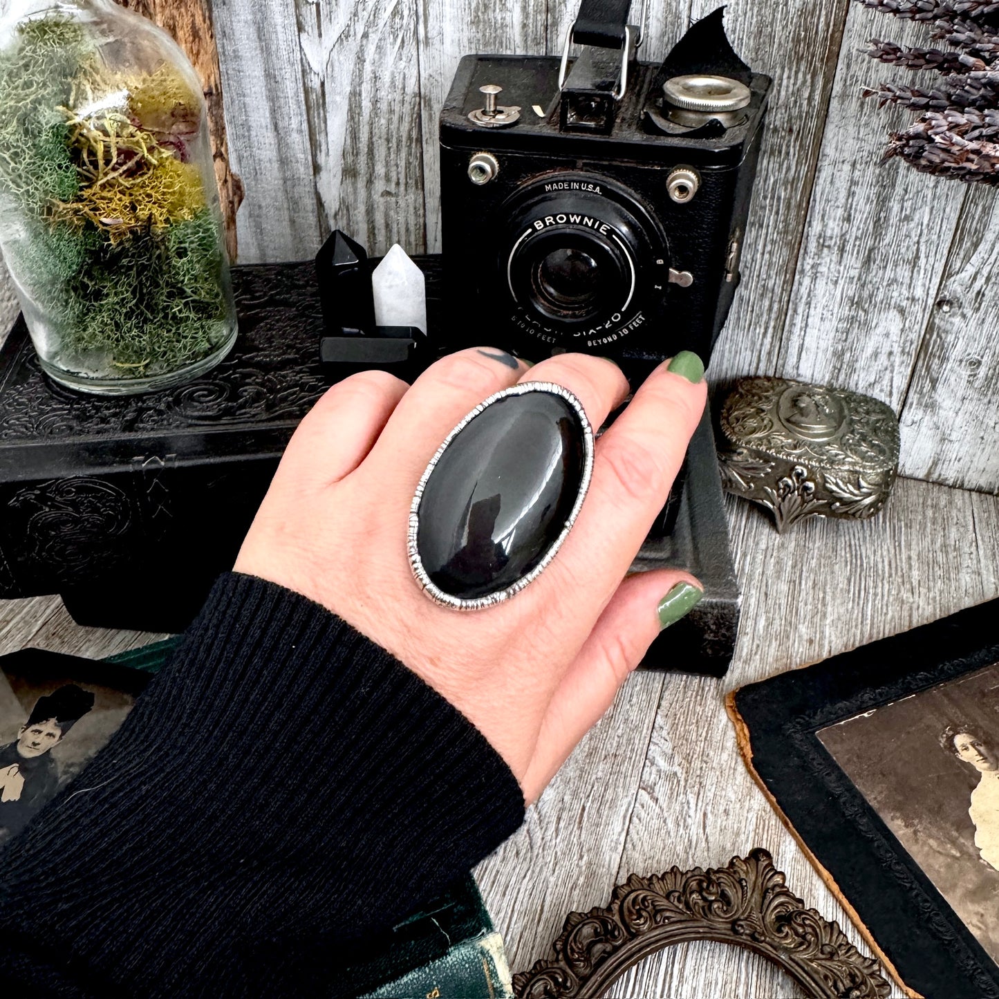 The Colossal Collection - Black/Rainbow Obsidian Crystal Ring Fine Silver Size 10 / One of a Kind