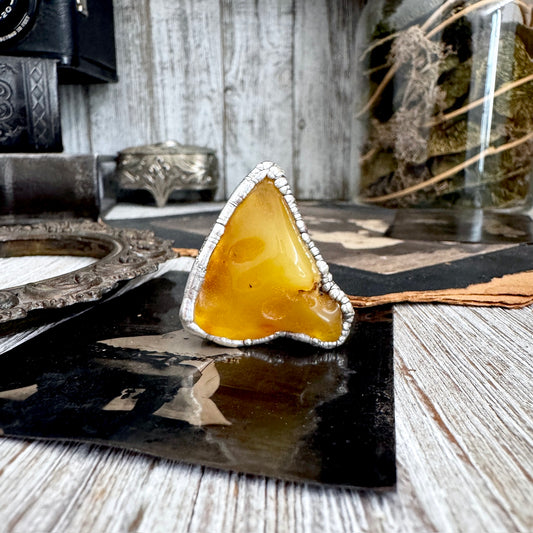 The Colossal Collection - Raw Baltic Amber Crystal Ring Fine Silver Size 8 / One of a Kind