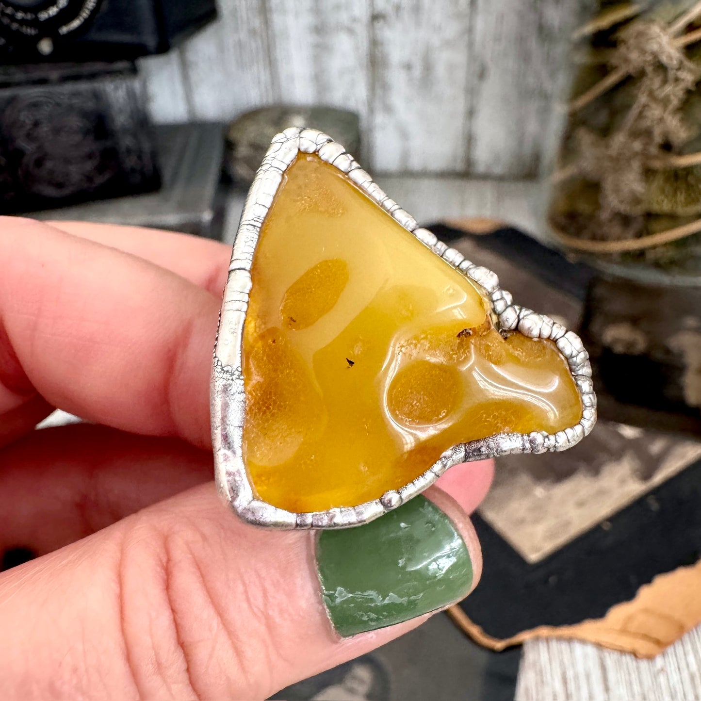 The Colossal Collection - Raw Baltic Amber Crystal Ring Fine Silver Size 8 / One of a Kind