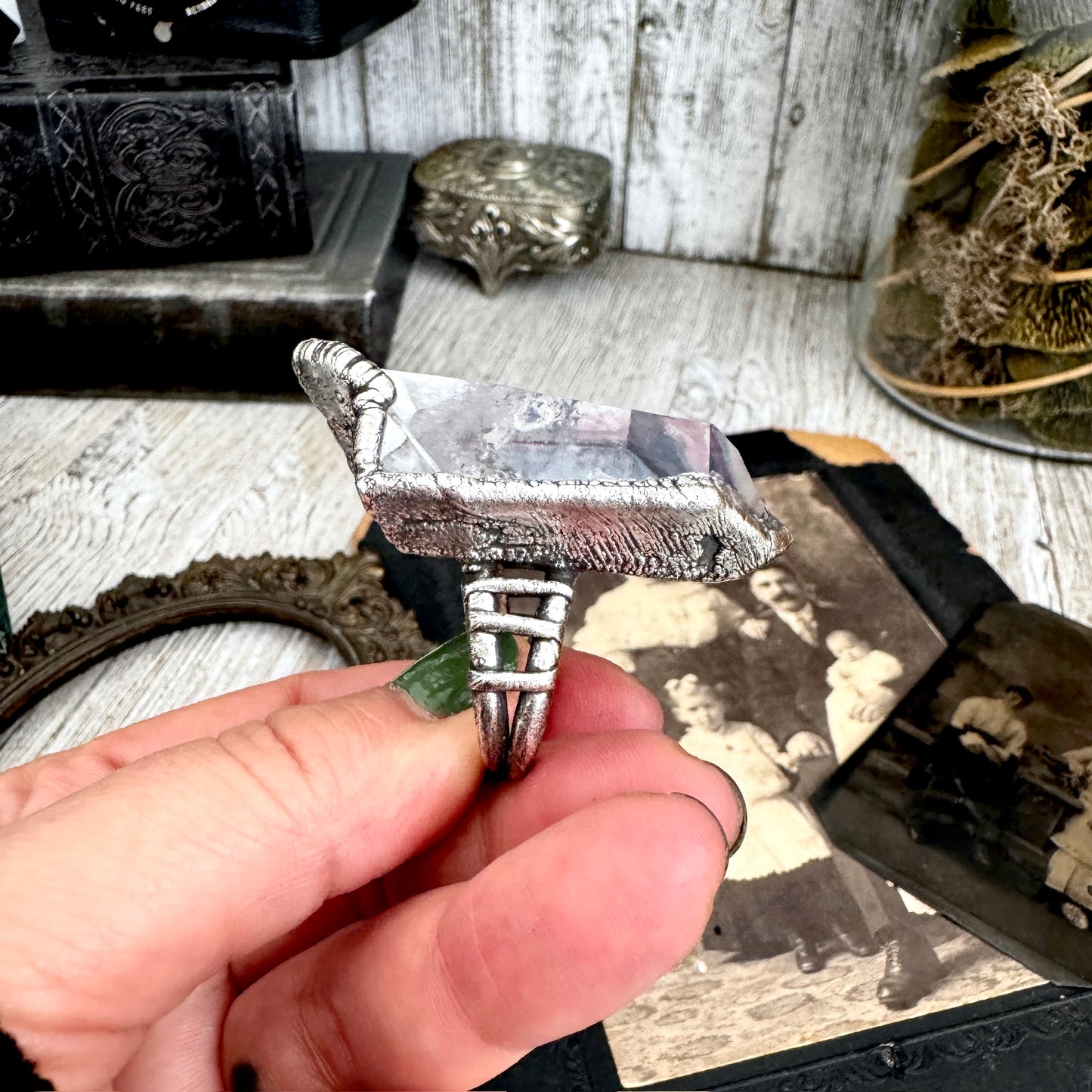 The Colossal Collection - Aqua Aura Quartz Crystal Ring Set in Fine Silver Size 8.5 / One of a Kind