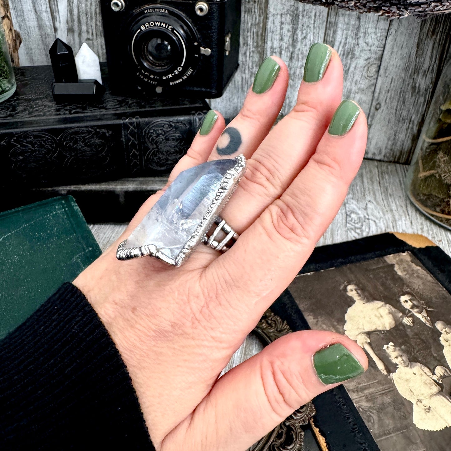 The Colossal Collection - Aqua Aura Quartz Crystal Ring Set in Fine Silver Size 8.5 / One of a Kind
