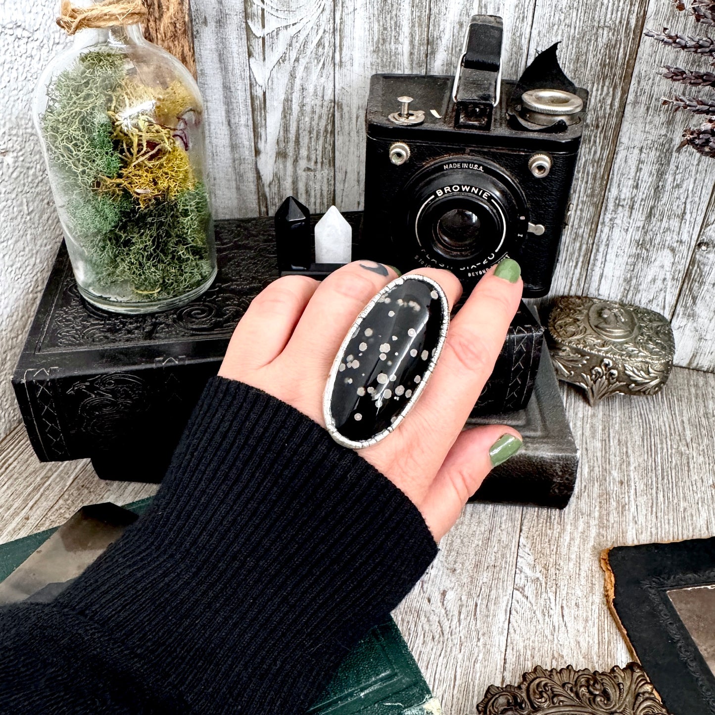 The Colossal Collection - Galaxy Obsidian Ring Set in Fine Silver Size 8.5 / One of a Kind