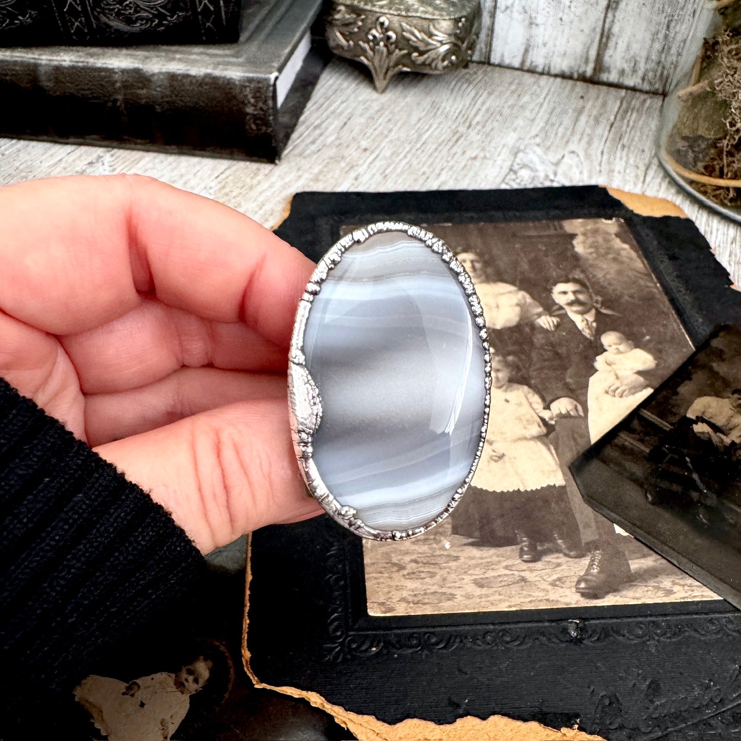 The Colossal Collection - Blue Banded Agate Crystal Ring Set in Fine Silver Size 11 / One of a Kind