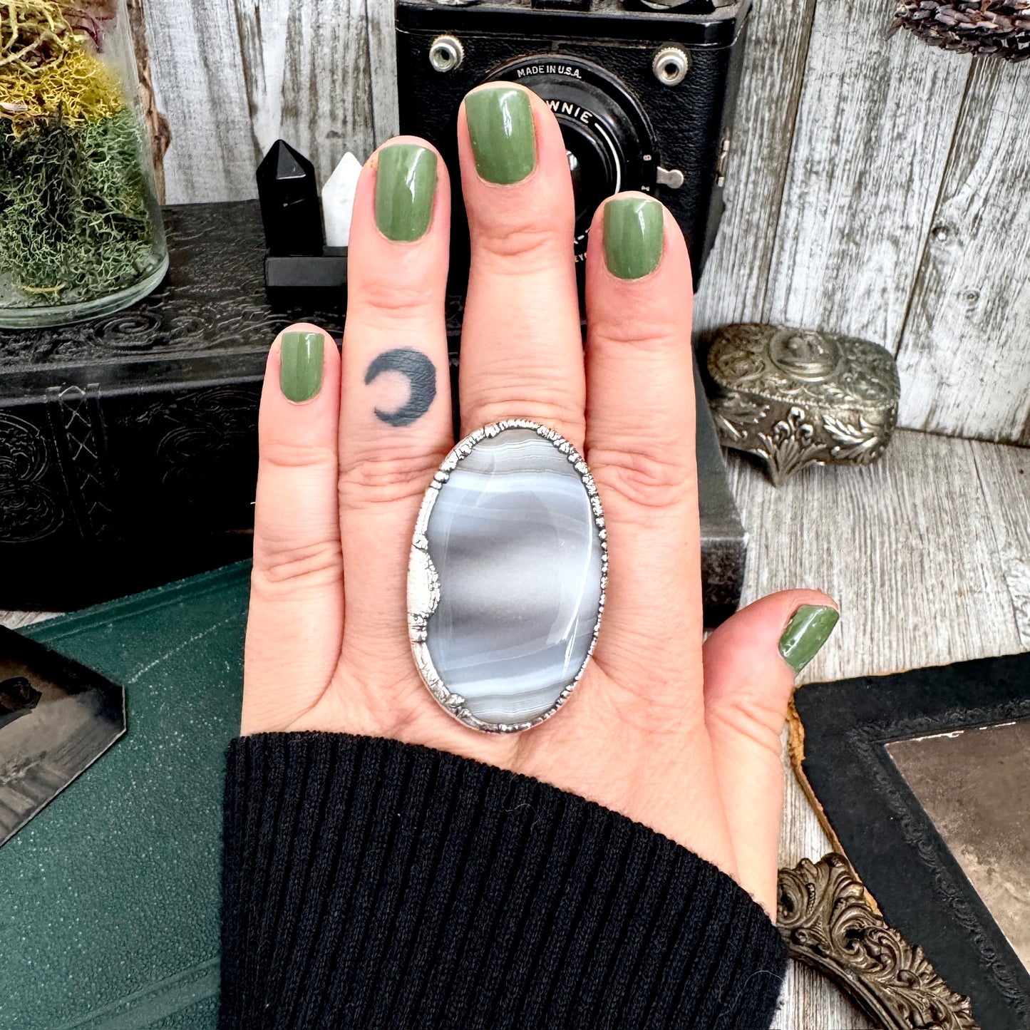 The Colossal Collection - Blue Banded Agate Crystal Ring Set in Fine Silver Size 11 / One of a Kind